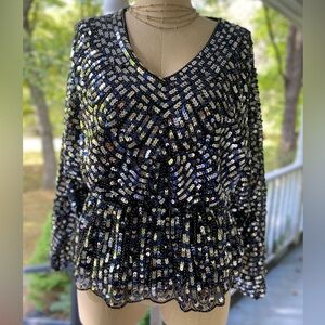 Elegant Black and Silver Sequin V-Neck Blouse